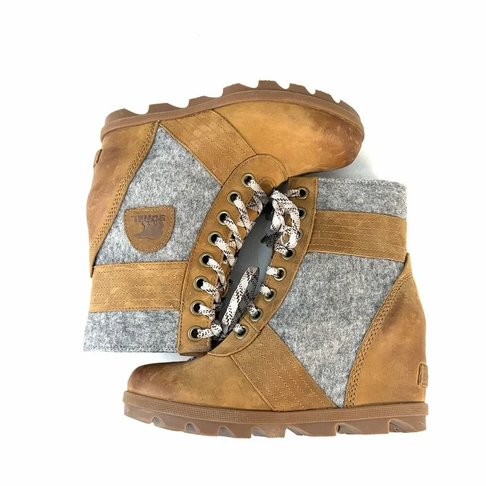 Sorel Lexie Wedge Boots Wool Felt Camel Leather NL3376-224 Women's Size 8.5